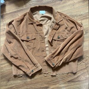 American Eagle Corduroy Cropped Jacket Shacket Brown Raw Hem Button Up